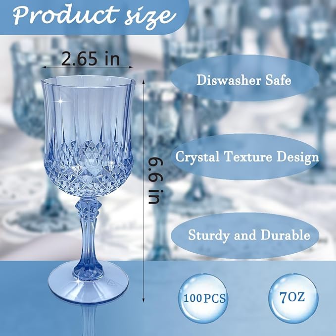 Plastic Wine Glasses,Plastic Goblets Vintage Style Cordial Drinking Glasses for Wedding Reception, Grand Event Party Supplies (100, Blue)