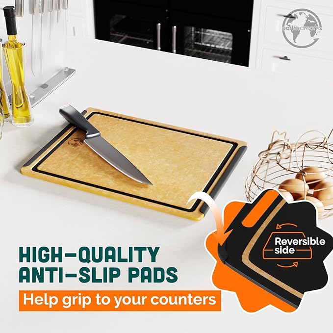 Earth’s Dreams Wood Cutting Board 17x12 Extra Large - Charcuterie Board, Non-Plastic, Non-Toxic, Heavy-Duty, Dishwasher Safe (Tan/Blacks)