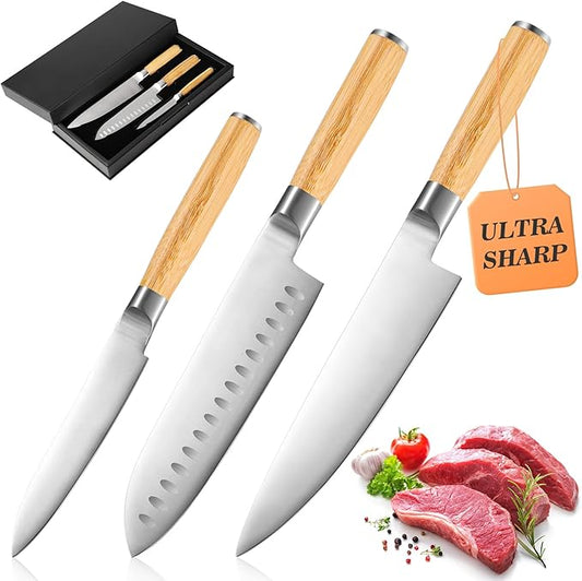 Kitchen Knives Set of 3 for Everyday Cooking,Starter Kitchen Knife Set Includes Chef,Santoku and Utility Knife,Molybdenum Vanadium Steel Knives Set with Carbonized Bamboo Handles and Gift Box