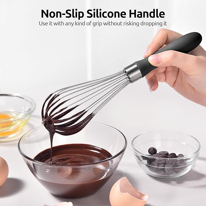 U-Taste 9" Small Egg Whisk: 18/10 Stainless Steel Kitchen Cooking Wire Balloon Wisk, Heavy Duty Metal Beater Stirrer, Manual Baking Tool with 6 Flex Wires for Hand Mixing, Blending Sauce (Black)