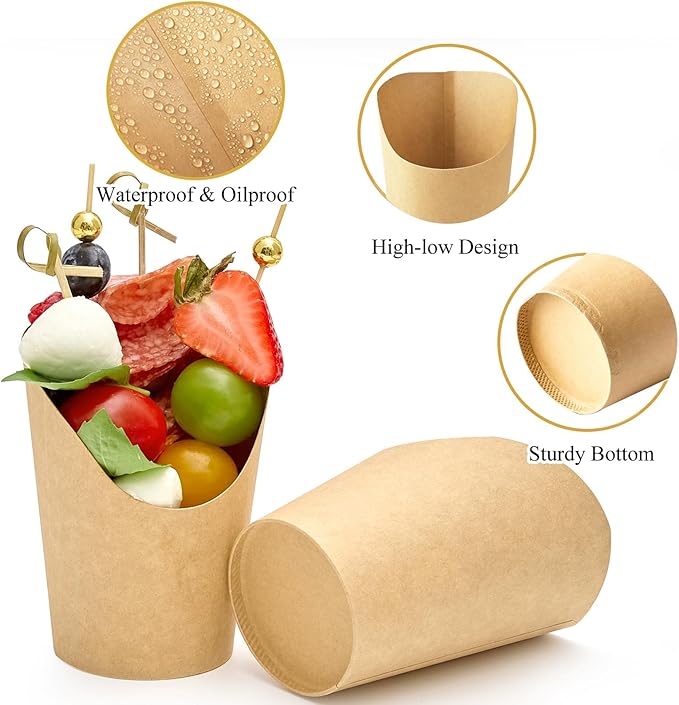 100 Sets 8 oz Small Charcuterie Cups with Sticks, Disposable Kraft Paper Charcuterie Boxes French Fry Holder Individual Appetizer Serving Cup (100 Cups + 400 Cocktail Picks)