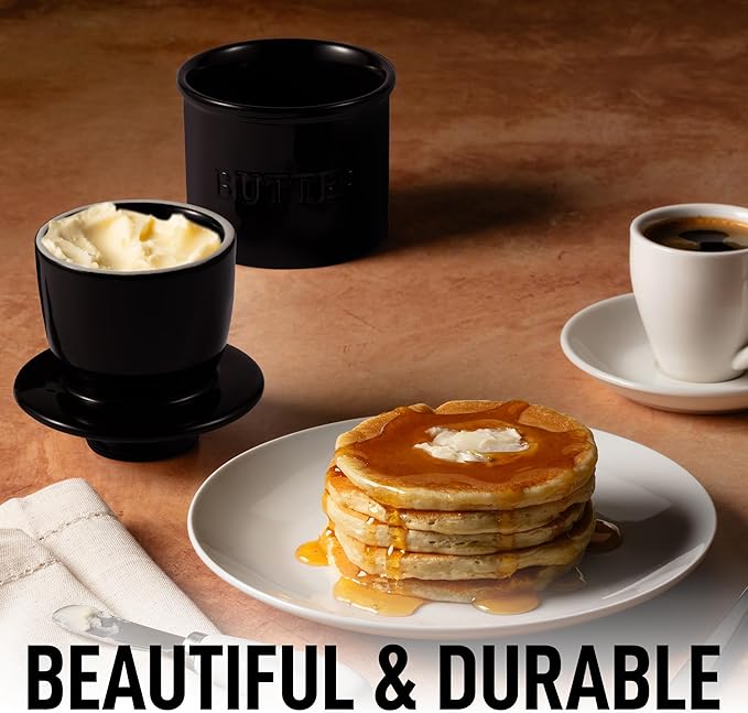 Zulay Kitchen Porcelain Butter Crock With Lid & Knife - Authentic French Butter Dish Keeper For Fresh & Spreadable Butter - Black Bell Shaped