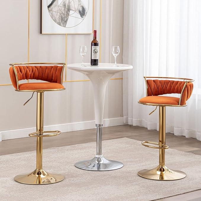 LukeAlon Velvet Adjustable Barstools Set of 4, Modern 360° Swivel Counter Stools with Golden Base Upholstered Open Back Tall Bar Chairs with Footrest for Home Kitchen, Orange