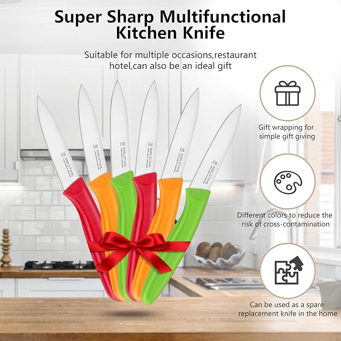 Paring Knives,Stainless Steel Paring Knife Set of 6,Premium Vegetable&Fruit Knife,Small Knife Set,Straight Edge,Ergonomic Handle Paring Knives,Peeling Knifes(Red&Orange&Green)