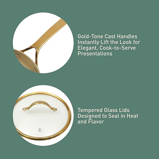 bloomhouse 15 Piece Pots and Pans Heavy Duty Aluminum Premium PFA Free Ceramic Nonstick Cookware Set - Almond Cream w/Gold Handle