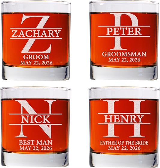 Set Of 4, Personalized Whiskey Glass For Groomsman Gifts, Best Man, Groom, 11oz Old Fashioned Custom Monogrammed Whiskey Glass