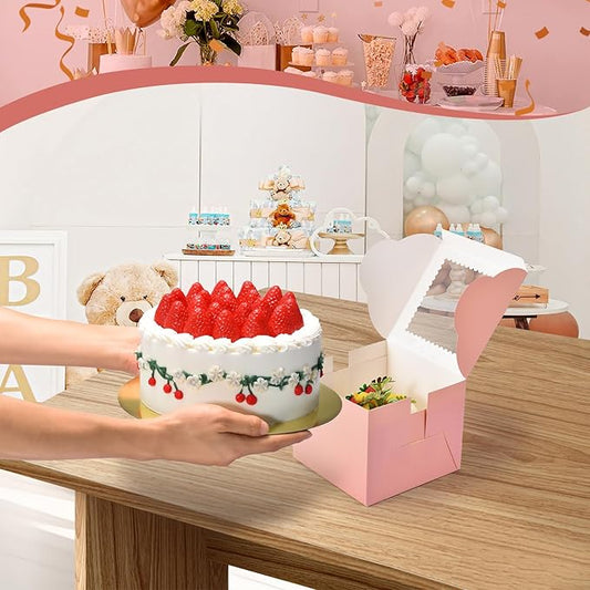 20Pcs Mini Cake Boxes with Window, 6x6x5 Inches Pink Bakery Boxes, Small 4 Cupcake Boxes, Cake Packaging for Pastries, Cookies, Chocolates, Cupcakes, Birthday Party, Wedding