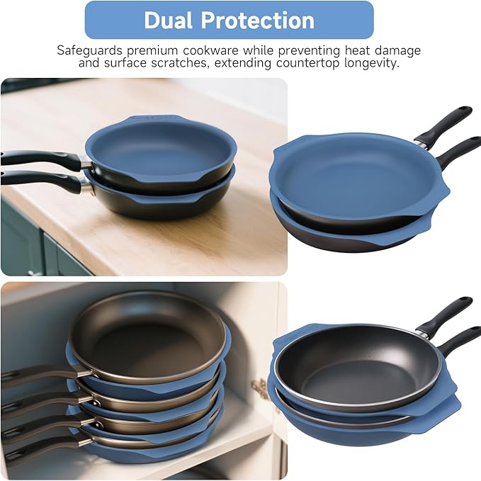 Silicone Pan Protectors for 12-Inch Frying Pans - Non-Slip Stacking Guards, BPA-Free & Dishwasher Safe | Protect Cookware from Scratches (Blue, 2 Pack)