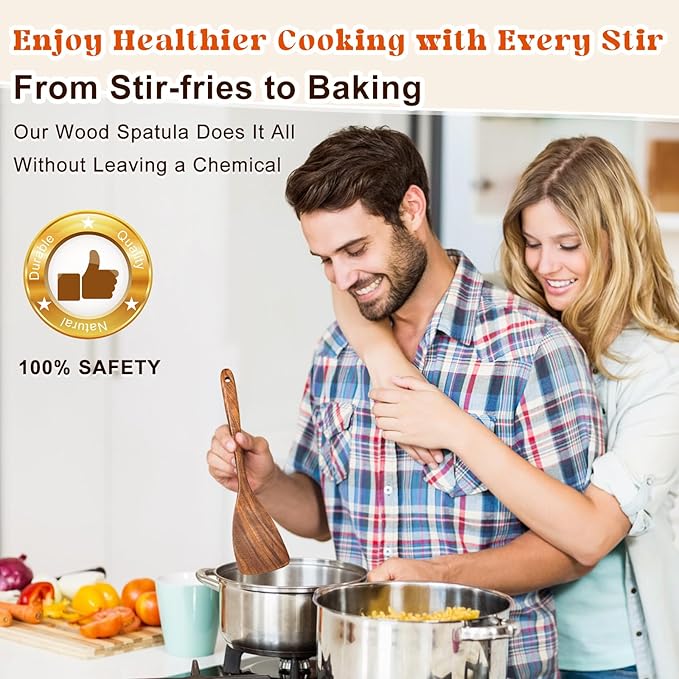 Wooden Spatula for Cooking, Acacia Wood Flat Frying Spatulas, Long Handle Spatula Turner for Non Stick Pans, Non-Scratch, Wooden Kitchen Utensils for Cooking, Frying, Baking