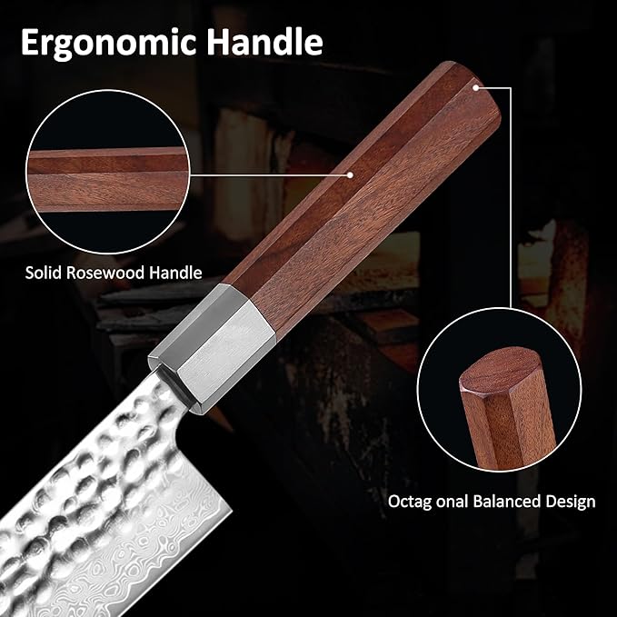 YOTSUBA 8 inch Japanese Gyuto Chef Knife,Professional Hand Forged Damascus Japanese Kitchen Knife,Ultra Sharp kitchen knives with Durable Ergonomic Wood Handle