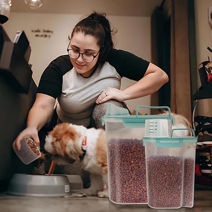 2Pack Cat Dog Food Storage Container with Upgraded Large Nozzle BPA-free, 3+5lbs Plastic Pet Food Containers with 4 Sealed Clasps/1 Measuring Cup/ Handle Easy to Clean and Carry (Clear Blue)