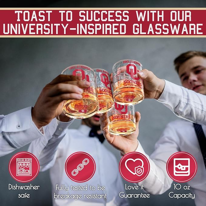 Greenline Goods – University of Oklahoma Sooners College Whiskey Glasses (Set of 2), 10 oz – Full-Color Logo + Campus Map