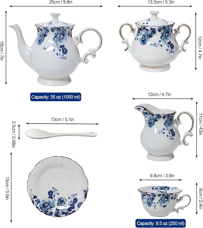 21-Piece Bone China Tea Set for Adults, Blue and White Porcelain Tea Set for 6, Vintage Floral Tea Cup Set With Teapot, Tea Party Sets for Women Gift