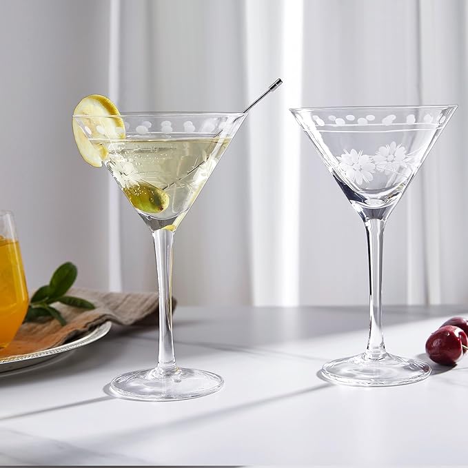 Royalrose Premium Delight Vintage Cocktail Glasses Set of 4, 9.6 oz – Hand-Blown with Etched Long Stem, Classic Glassware for Weddings, Dinners, and Holiday Gifting (Martini Glasses)