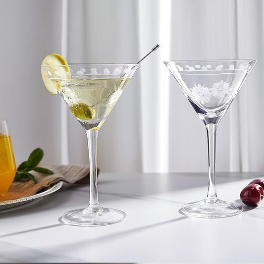 Royalrose Premium Delight Vintage Cocktail Glasses Set of 4, 9.6 oz – Hand-Blown with Etched Long Stem, Classic Glassware for Weddings, Dinners, and Holiday Gifting (Martini Glasses)