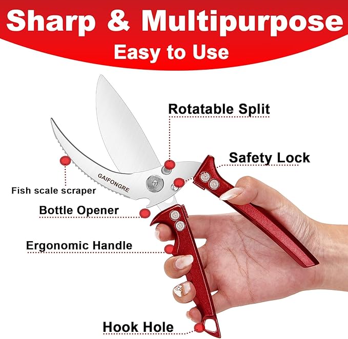 Poultry Shears Heavy Duty,Kitchen Shears for food Heavy Duty,Kitchen Scissors All Purpose,Chicken Shears,Fish,Meat,Easily Separable for Thorough Cleaning,Dishwasher Safe (Red)