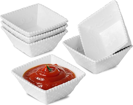 UIBFCWN 6 Pack Ceramic Dip Bowls Set, 2.3oz White Dipping Sauce Bowls/Dishes for Tomato Sauce, Square Side Dishes, Mini Appetizer Plates for Condiment