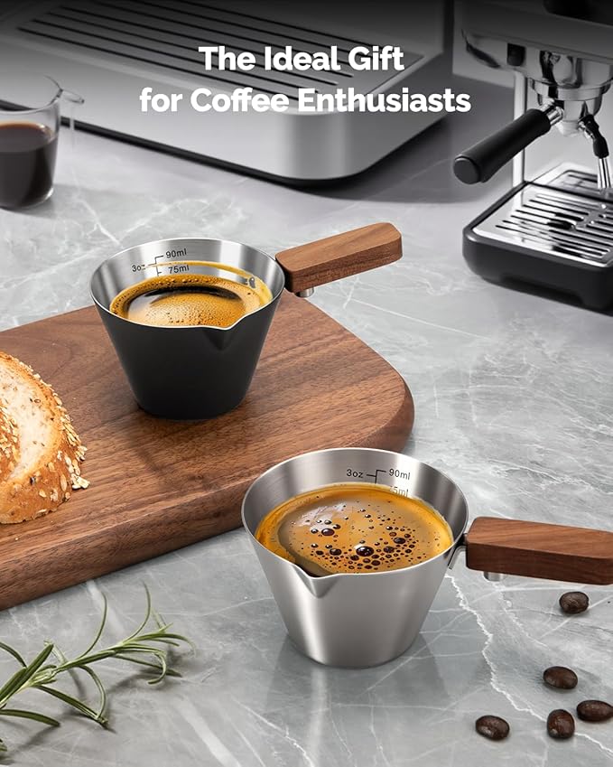 Maestri House Espresso Measuring Cup, Stainless Steel Espresso Shot Cup, Wide Mouth & V-shaped Pour Spout Coffee Mug with Handle Scale for Latte, Dirty, Americano, Cappuccino, Macchiato (Black)