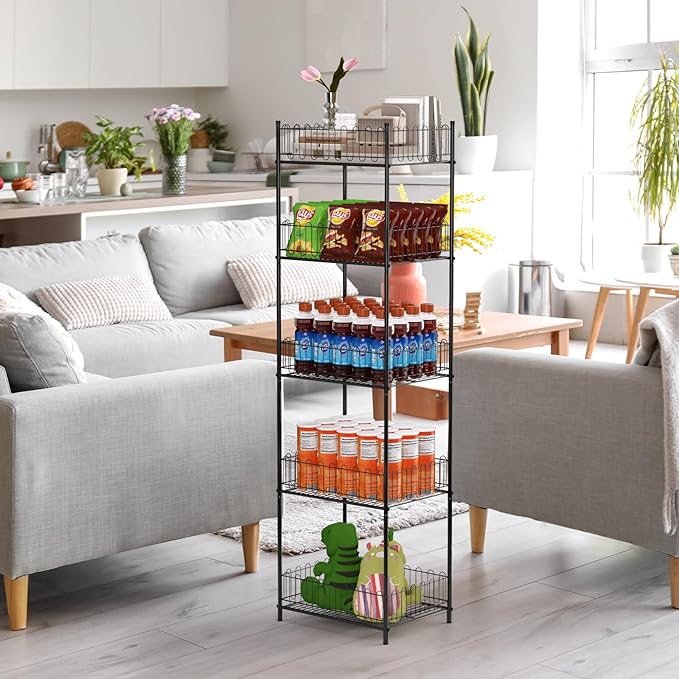 Vrisa 5 Tier Water Bottle Organizer Stand Fenced Freestanding Water Bottle Holder Metal Soft Drink Beverage Soda Can Storage Rack for Pantry, Kitchen, Home Party, Classroom