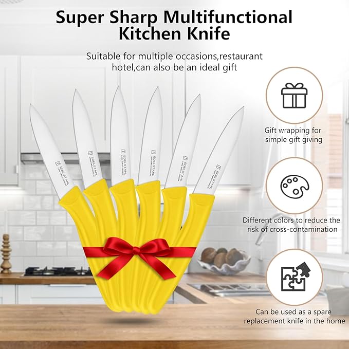 Paring Knife,Stainless Steel Paring Knives Set of 6,Super Sharp Vegetable&Fruit Knife,Straight Edge Paring Knifes,PP Plastic Ergonomic Handle,Yellow Peeling Knifes