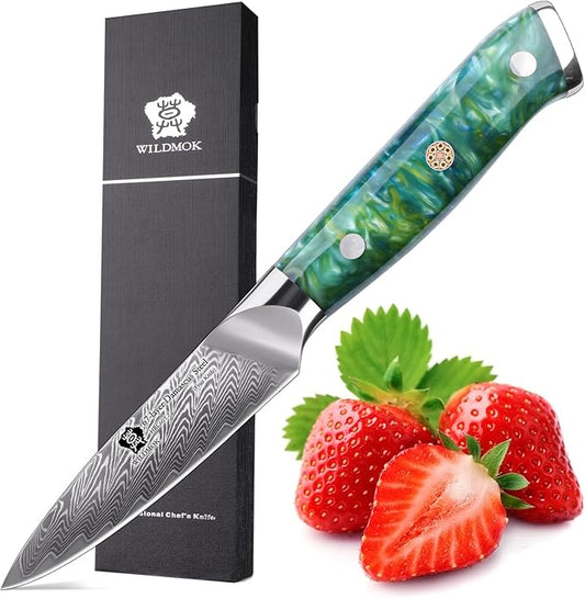 WILDMOK Paring Knife 3.5 Inch, 67 layers Damascus Steel VG 10 Blade Fruit Knife, Small Kitchen Knife, Perfect for Cutting Fruit Vegetables Petty Knife