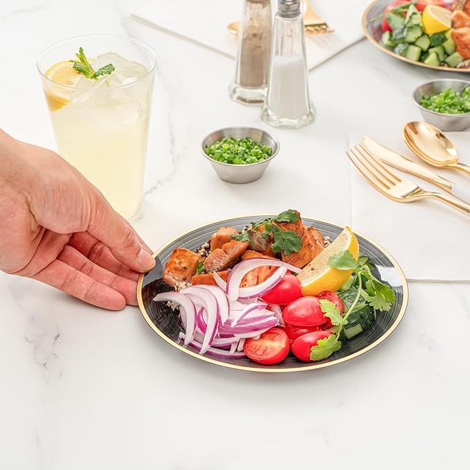 Restaurantware Plastic Plates 20 Pcs 7.25" Gold Rimmed Disposable Plates Heavy-Duty Black Translucent Rippled Plastic Dinner Servers for Party, Weddings, Salads, Desserts, and Appetizers