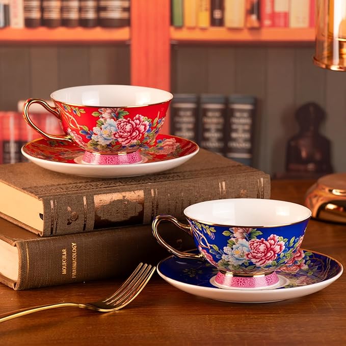 KAMMAK Porcelain Espresso Cups with Saucers, Ceramic Coffee Cups with Saucers Set of 2, 5.64oz Handcrafted Cappuccino Cups, Non-Toxic Durable Vintage Tea Cups Drinkware for Party, Home, Office, Gifts