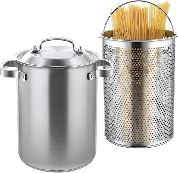 Asparagus Pot, Stainless Steel Asparagus Steamer Pot & Spaghetti Pasta Cooker with Perforated Steamer Basket - 3-Ply Base, 4.3L/1.14Gal, Versatile Cookware  