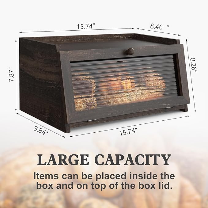 Bread Box for Kitchen Countertop Large Farmhouse Bread Container Bread Storage with Window Wooden Bread Holder