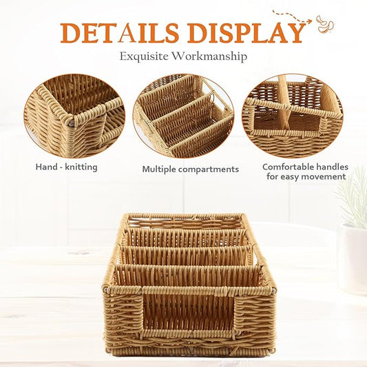 Pantry Snack Organizers and Storage Box,Handwoven Wicker Basket with 4 Compartments Seasoning Packet Organizer,Remote Control Holder,Kitchen Cabinet Organization Bin for Tea Bags,Medicine