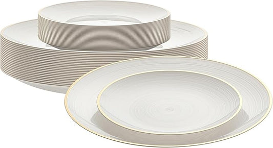 Restaurantware Plastic Plates 40 Pcs 7.13" and 10" Combo Gold Rimmed Plate Set Disposable Heavy-Duty White Translucent Rippled Plastic Dinner Servers for Party, Weddings, Salads, Desserts