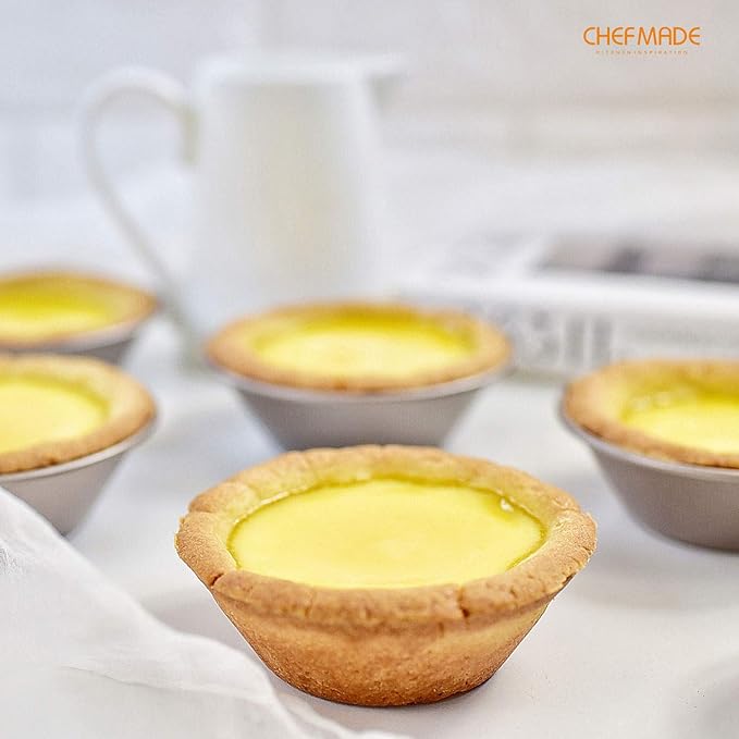 CHEFMADE Mini Pudding Pan Set, 3-Inch 4Pcs Non-Stick Egg Tart Mold Round Mini Cake and Loaf Bakeware for Oven and Instant Pot Baking (Champagne Gold)