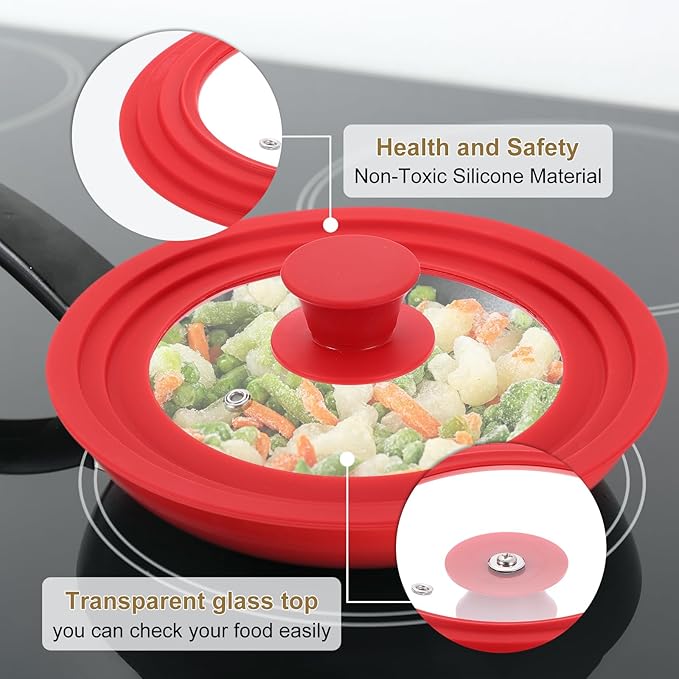 uxcell 1Pcs Universal Lid for Pot Fit 8, 8.5, 9.5 Inch Diameter Cookware, Replacement Pan Lids with Heat Resistant Silicone Rim, Steam Vent Pan Lid for Pots, Frying Pans, Skillets, Red
