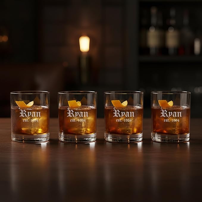 Waterford Marquis Personalized Moments Double Old Fashioned Glasses, Set of 4 Custom Engraved Crystal Whiskey/Rocks Glasses for Bourbon, Scotch, Liquor, Home Bar Accessories