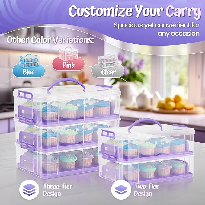 Flexzion 36 Cupcake Carrier 3 Tier Stackable Storage Container Collapsible Cake Carrier with Lid and Handle, Reusable Rectangular Plastic Dessert Travel Container, Display Holder Transport Box