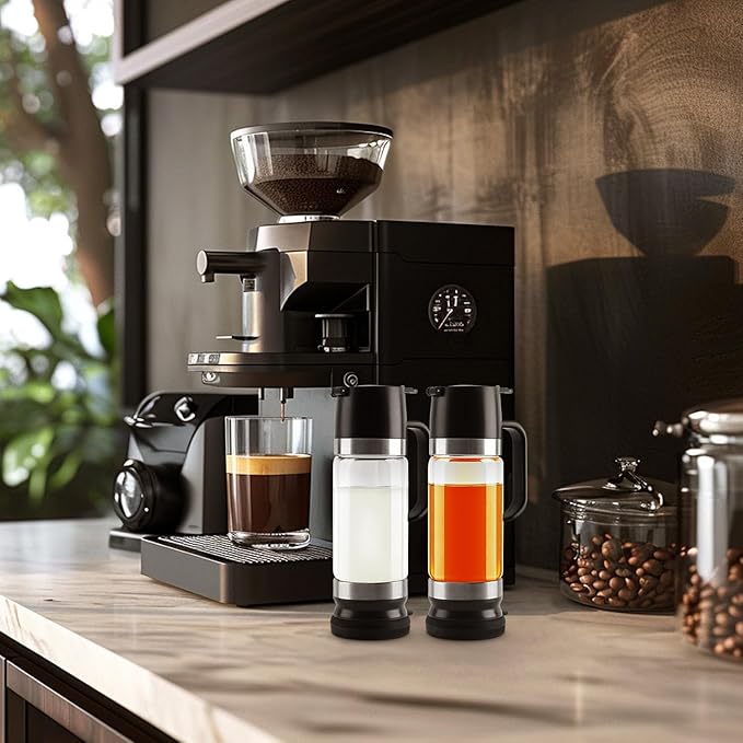 Aelga Coffee Syrup Dispenser, Honey Dispenser, 12 OZ Glass Syrup Bottles with Handle, No Drip Pouring, Coffee Bar Accessories for Coffee and Tea, Black 2 Pack