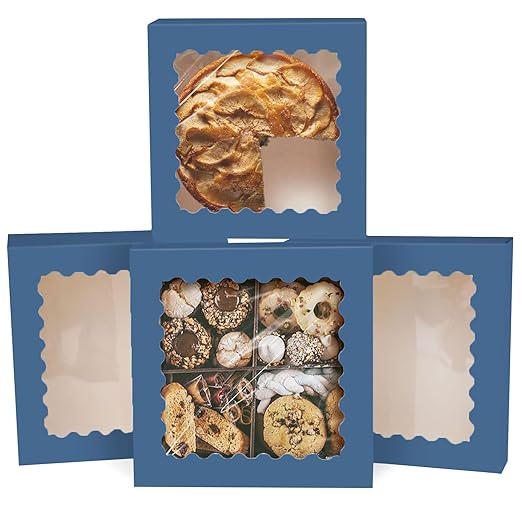 qiqee Auto-pop Up Blackish Blue Pie Boxes with Window 10x10x2.5 inch 30Packs Cookie Donut Bakery Box