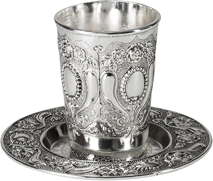 Ner Mitzvah Kiddush Cup and Tray - Premium Quality Nickel Plated Wine Cup - For Shabbat and Havdalah - Judaica Shabbos and Holiday Gift