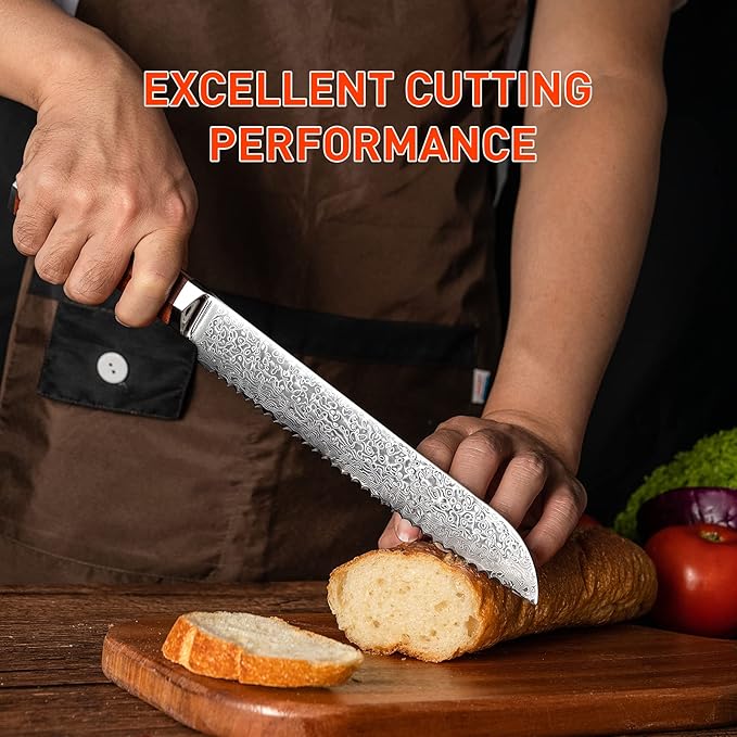 Serrated Bread Knife, 8 Inch Long Bread Knife for Homemade Bread with Damascus VG-10 Super Steel Core, Sharp 67-Layer Damascus Steel Cutting Knife with Natural Wood Handle