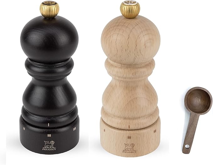Peugeot Paris u'Select 6 Setting Manual beechwood Salt & Pepper Mill Set With Wooden Spice Scoop Made In France (Chocolate & Natural, 5- Inch)