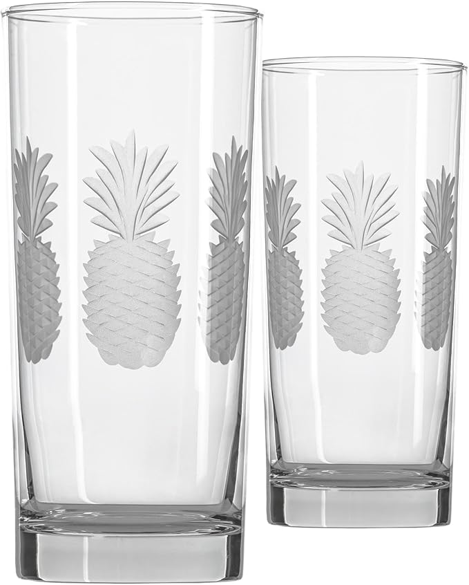 Rolf Glass Fresh Pineapple Highball Glass | 15oz Cooler Glasses | Lead-Free and Diamond-Wheel Engraved | Heavy Base, Thick Glass | Made in the USA | Tropical Etched Pineapple | Set of 2