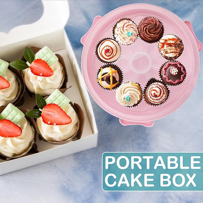 Cake Carrier Round Cake Stand Plus Height Cake Container with Cupcakes Pad, Handle, Lid Reusable Package Box for Transporting Desserts,Pie,Toast,Fruit (10" Pink)