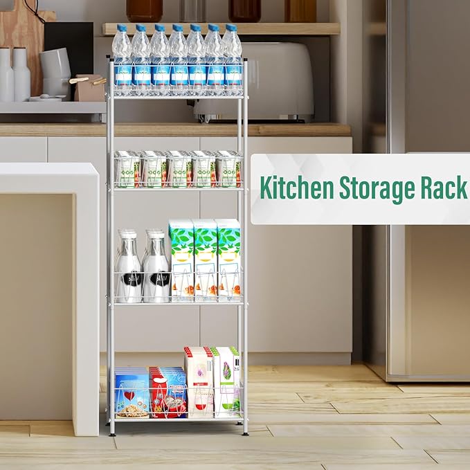 smusei 4 Tier Water Bottle Storage Rack Metal Water Bottle Organizer for Floor, Free Standing Bottled Water Holder Stand Beverage Pantry Drink Shelf Dispenser for Kitchen Pantry
