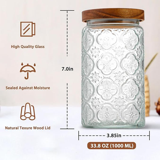 34 OZ/2 PCS Glass Storage Jar with Airtight Bamboo Wooden Lids, Vintage Food Containers Canisters Sets for Kitchen Counter Pantry, Sugar, Flour, Candy, Tea, Coffee Beans, Oats, Grain Bin, Pasta,