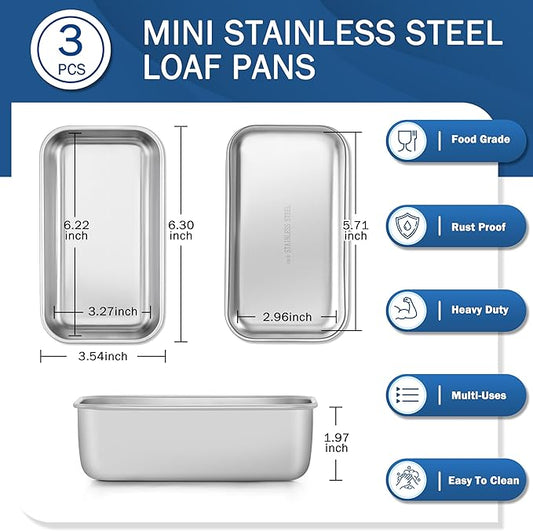 TeamFar Mini Loaf Pan, 3 PCS Stainless Steel Loaf Pans for Baking Bread, 6.3 x 3.5 Inch Bread Baking Pan for Homemade Bread, Meatloaf, Cake and Brownies, Non-Toxic, Oven & Dishwasher Safe