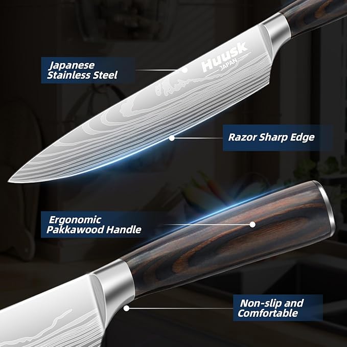 Huusk Chef Knife Set Japanese, Professional Kitchen Knife Set, Ultra Sharp Cooking Knives Sets with Wood Handle for Home, Outdoor Camping BBQ, Gift Idea Men