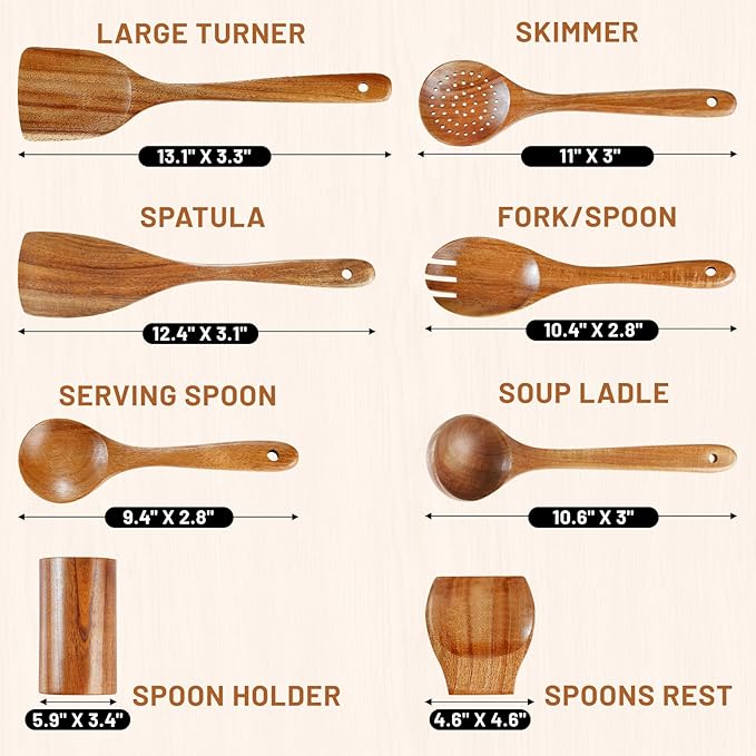 Unokit Cooking Utensils Set for Kitchen - 8 Piece Nonstick Wooden Spoons for Cooking, Comfort Grip Kitchen Utensils Set, Teak Wooden Utensil Set with Holder and Spoon Rest