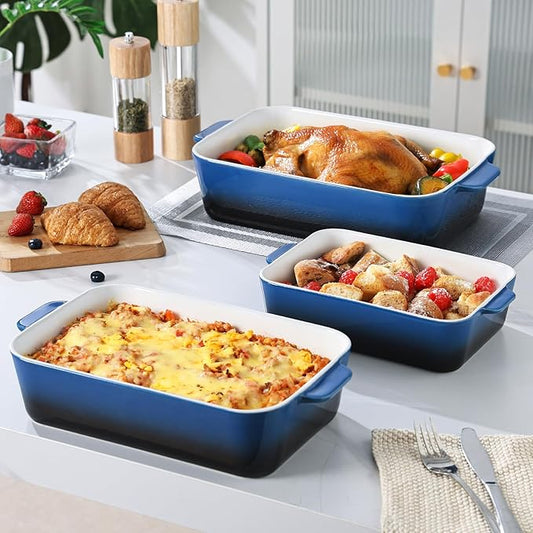 Casserole Dishes for Oven: Ceramic Rectangular Baking Dish, 14.5''/13''/10.5'' Lasagna Pans, Bakeware Sets for Cooking, Kitchen, Cake Dinner, Banquet and Daily Use, Blue