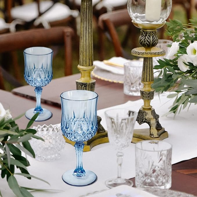 12 Pcs 7 Oz Plastic Goblets for Parties, Blue Plastic Wine Glasses Vintage Champagne Whiskey Crystal Water Goblets for Home, Office, Bars, Wedding, Ribbed (12, Ocean Blue)