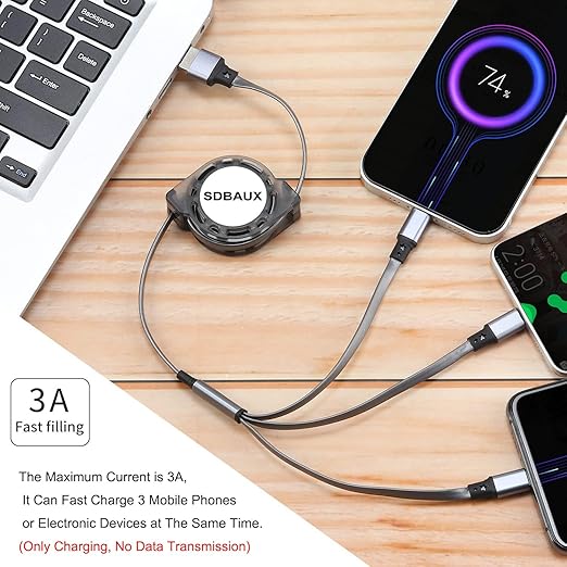 SDBAUX 2Pack Multi USB Charger Cable Retractable 3 in 1 Multiple Charging Cord Adapter with Mini Type C Micro USB Port Connectors Compatible with Cell Phones Tablets Universal Use (3.3ft/Gray)